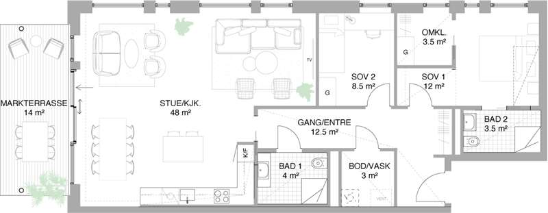Alternativ planløsning: 3-roms leilighet, mot ekstra kostnad
